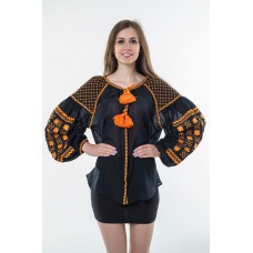 Boho Style Ukrainian Embroidered Folk  Blouse "Starry Sky" orange on black